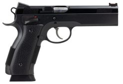 CZ-USA 91731 A01-LD  Full Size Frame 9mm Luger 19+1 4.93" Black Match Grade Bull Barrel, Blued Serrated Steel Slide, Blued Steel Frame w/Beavertail, Black Checkered Polymer Grip