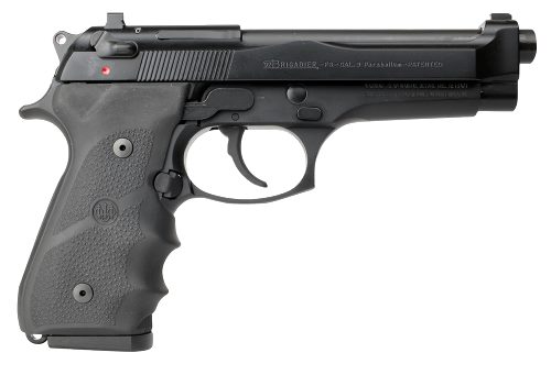 Beretta 92FS Brigadier 9mm with black serrated slide and black stippled rubber grip